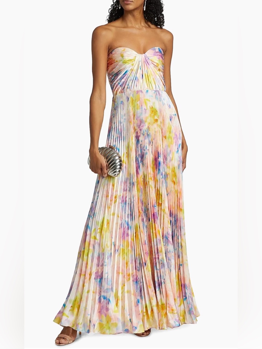 BCBGMaxAzria Strapless Pleated Watercolor Maxi Dress - Pastel Multi